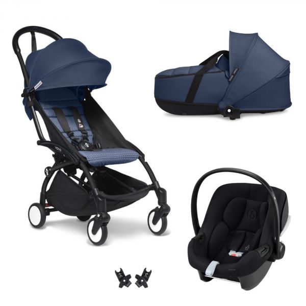 Poussette Trio YOYO 3 pack 6+ et siège auto Aton B2 Black + Nacelle YOYO - Chassis noir - Bleu Air France