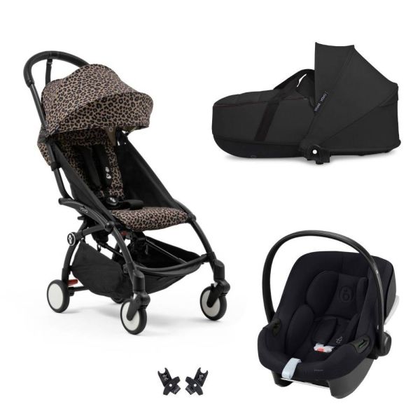 Poussette Trio YOYO 3 pack 6+ et siège auto Aton B2 Black + Nacelle YOYO - Chassis noir - Leopard / Noir