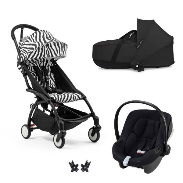 Poussette Trio YOYO 3 pack 6+ et siège auto Aton B2 Black + Nacelle YOYO - Chassis noir - Zebra / Noir