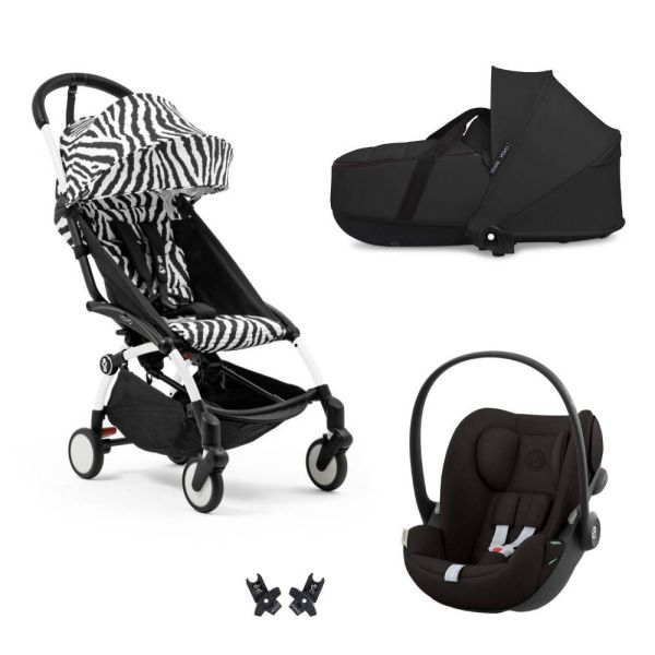 Poussette Trio YOYO 3 pack 6+ et siège auto Cloud G Black + Nacelle YOYO - Chassis blanc - Zebra / Noir