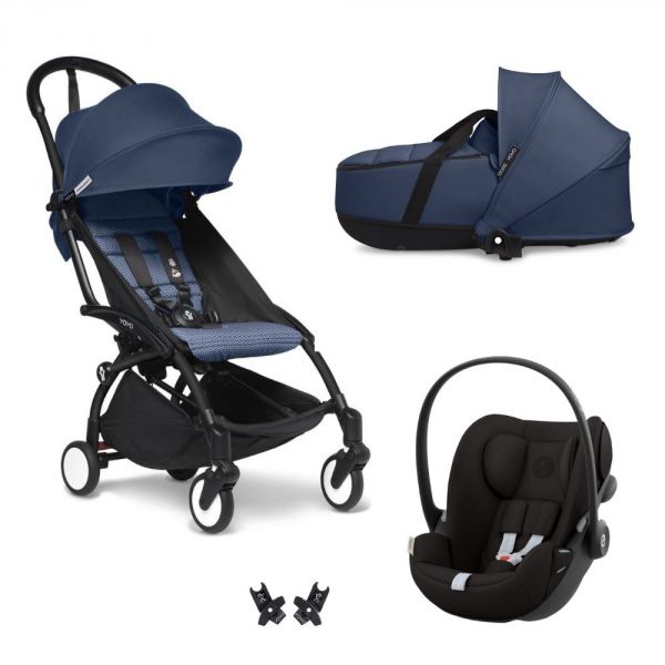 Poussette Trio YOYO 3 pack 6+ et siège auto Cloud G Black + Nacelle YOYO - Chassis noir - Bleu Air France