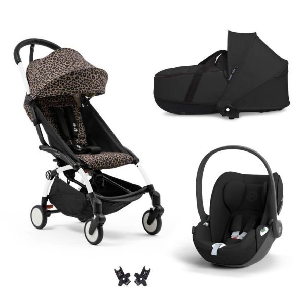 Poussette trio YOYO + pack 6+ + siège auto Cloud T Black + Nacelle - Châssis blanc - Léopard / Noir
