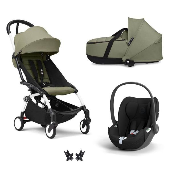 Poussette trio YOYO + pack 6+ + siège auto Cloud T Black + Nacelle - Châssis blanc - Olive