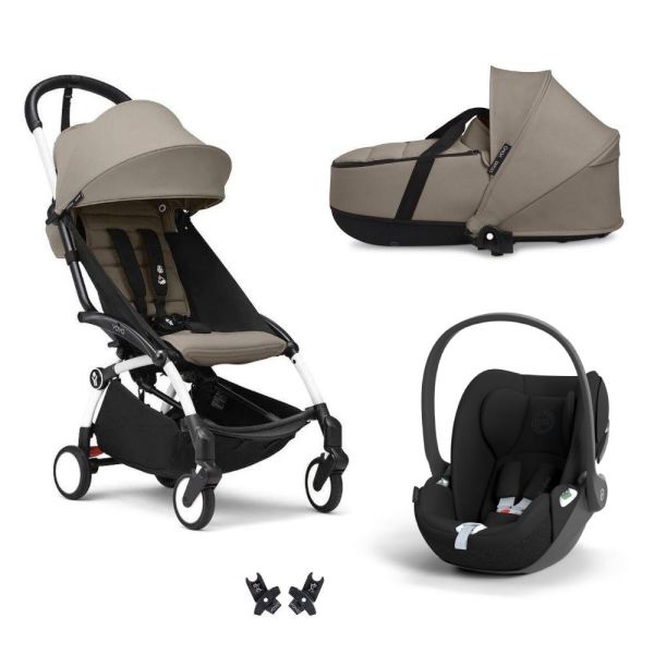 Poussette trio YOYO + pack 6+ + siège auto Cloud T Black + Nacelle - Châssis blanc - Taupe