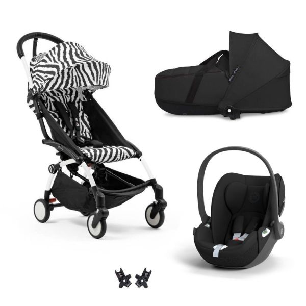 Poussette trio YOYO + pack 6+ + siège auto Cloud T Black + Nacelle - Châssis blanc - Zebra / Noir