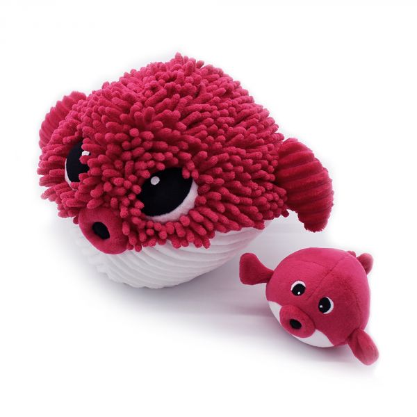 Peluche géante Les Ptipotos poisson globe et son bébé Gobetou betterave