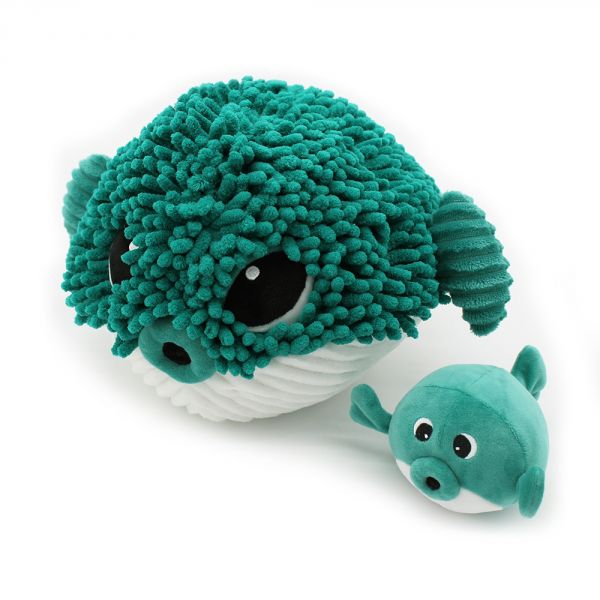 Peluche géante Les Ptipotos poisson globe et son bébé Gobetou vert