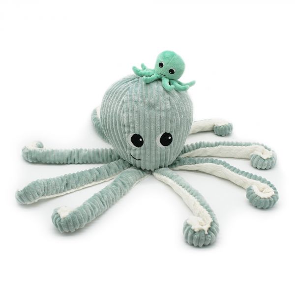Peluche géante Les Ptipotos pieuvre et son bébé Filou menthe