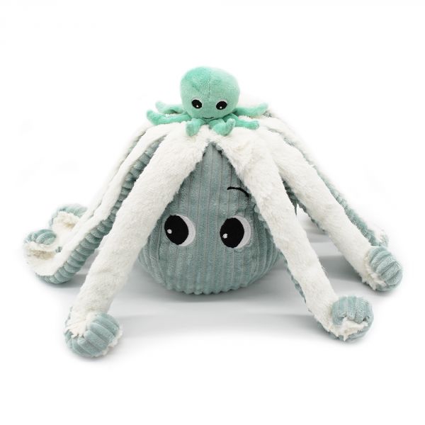 Peluche géante Les Ptipotos pieuvre et son bébé Filou menthe