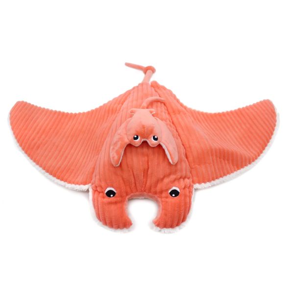 Peluche géante Les Ptipotos raie manta et son bébé Mantalou Corail