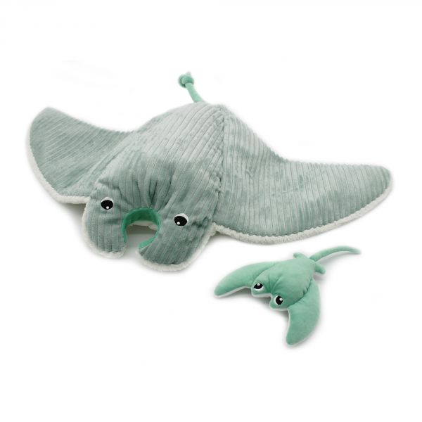 Peluche géante Les Ptipotos raie manta et son bébé Mantalou menthe