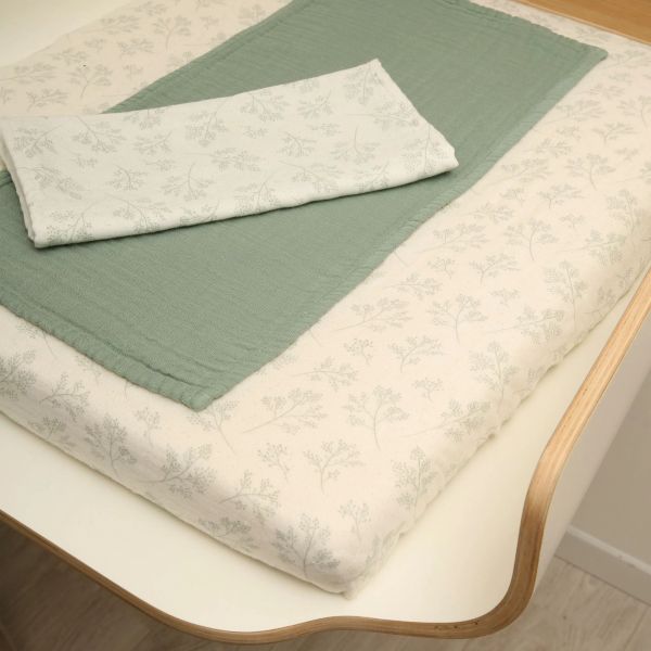 Kit Housse de matelas à langer Noga Pearl Blossom + lot de 2 langes Pearl Blossom & Lichen