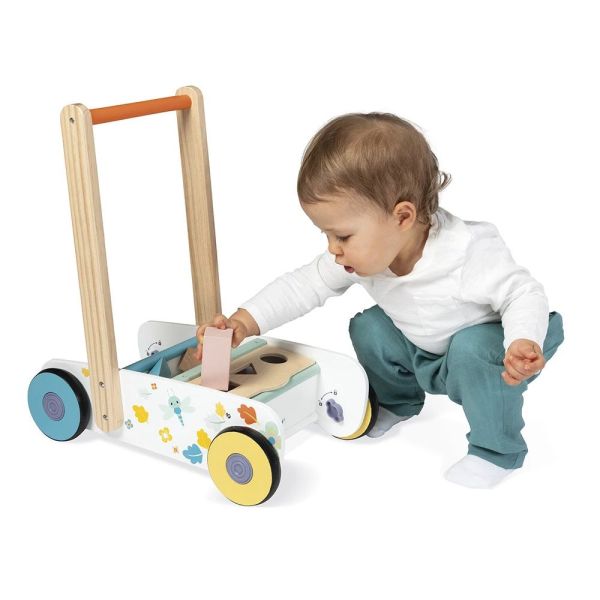 Chariot de marche enfant avec cubes en bois à encastrer Pure