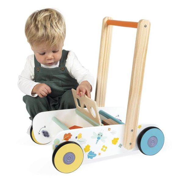 Chariot de marche enfant avec cubes en bois à encastrer Pure