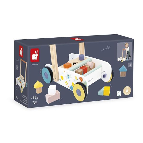 Chariot de marche enfant avec cubes en bois à encastrer Pure
