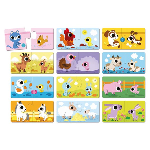 Lot de 12 puzzles de 2 pièces Parents et bébés animaux