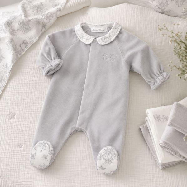 Pyjama bébé en velours Toile de Jouy Gris 3 mois