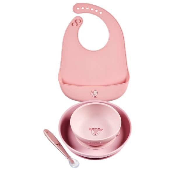Coffret repas 4 pièces avec bavoir rose/biche
