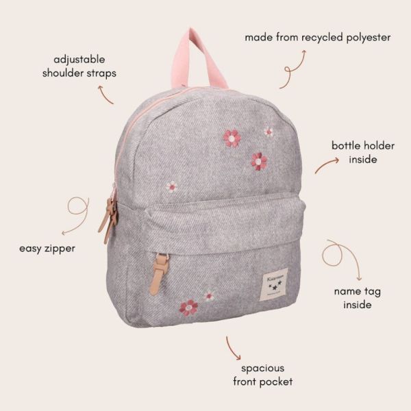 Sac à dos enfant Fleurs gris demin 31 cm