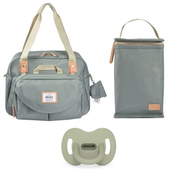 Sac à langer Genève Vert Sauge + Pochette repas isotherme Vert sauge + Sucette réversible colour essence 6/18 mois sauge
