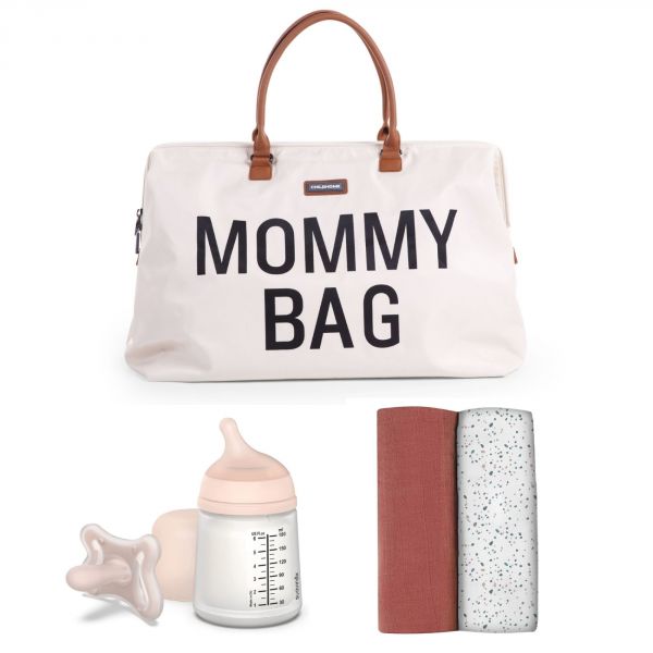 Sac à langer Mommy bag écru + lot de 2 langes 120cm Brique Terrazzo + coffret zéro.zéro biberon 180ml + sucette 2mois