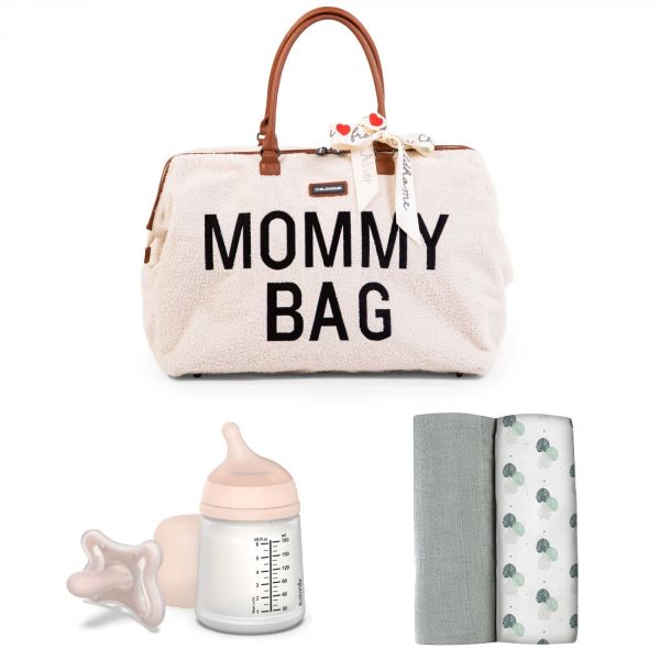 Sac à langer Mommy bag teddy écru + lot de 2 langes 120cm Gris Mirage et  Jungle + coffret zéro.zéro biberon 180ml + sucette 2mois