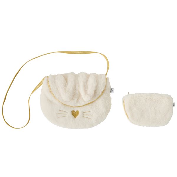 Sac bandoulière + porte-monnaie -  Lapin - fausse fourrure écru / or