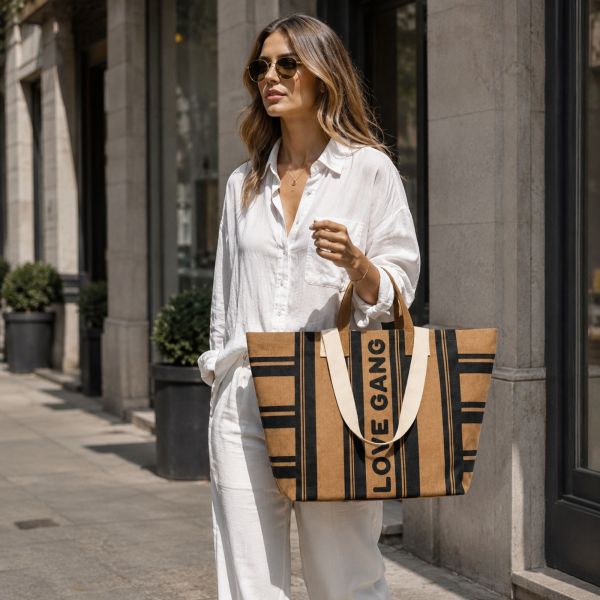 Sac en coton Kaba Love Gang Rayures Camel/Noir