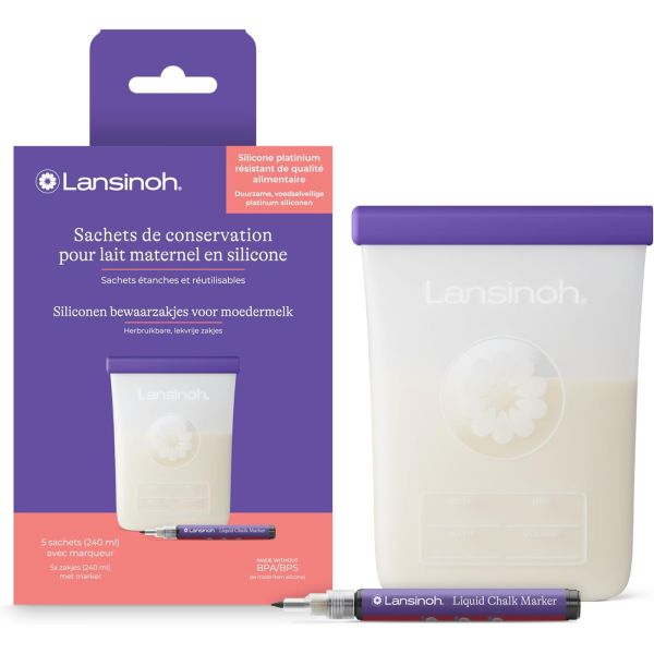 Lot de 5 sachets de conservation de lait maternel en silicone réutilisable