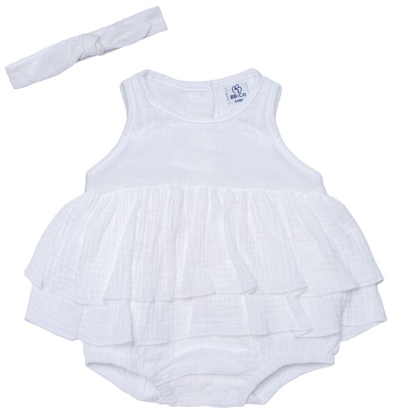 Set barboteuse + bandeau en gaze blanc - 18 mois