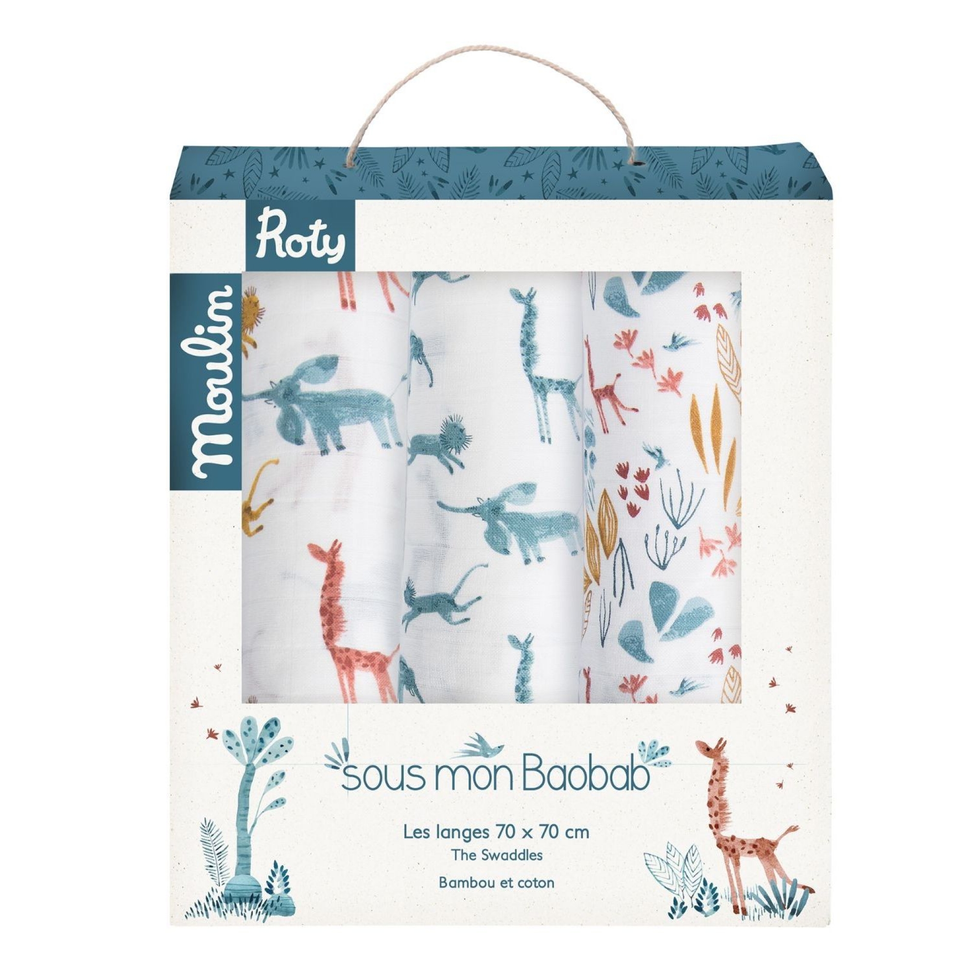 Moulin Roty Lot De 3 Langes 70x70 Cm Sous Mon Baobab Made In Bebe