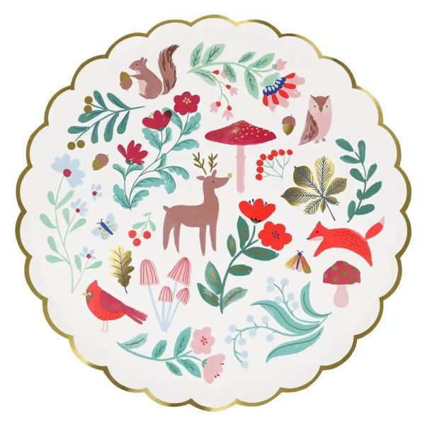 Set de 8 grandes assiettes en carton Forêt de Noël (avec dorure)