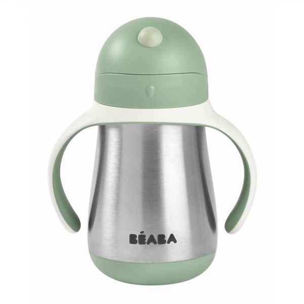 Set repas silicone 2 pièces compartimenté Grey + Tasse paille inox 250 ml vert sauge + Multiportions silicone 6 x 90 ml vert sauge