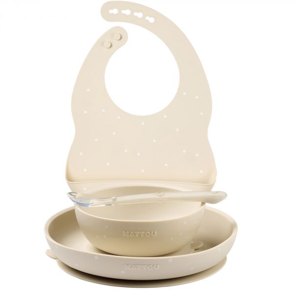 Coffret repas 4 pièces avec bavoir argile/etoiles