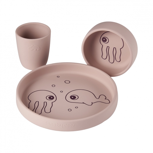 Coffret repas bébé silicone sea friends rose