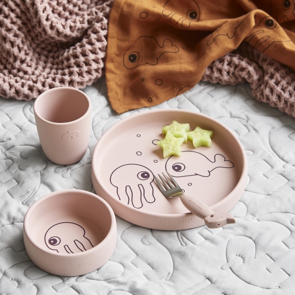 Coffret repas bébé silicone sea friends rose