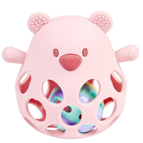 Hochet avec balle ours en silicone rose