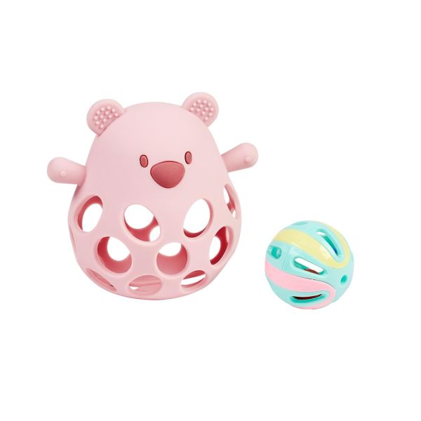 Hochet avec balle ours en silicone rose