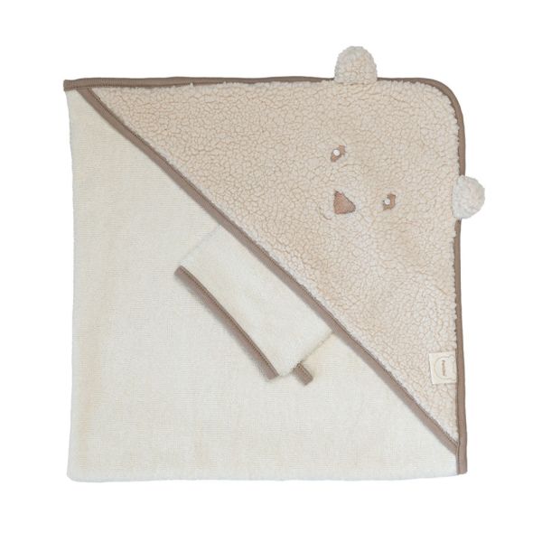 Cape de bain bébé et gant Bear Crème
