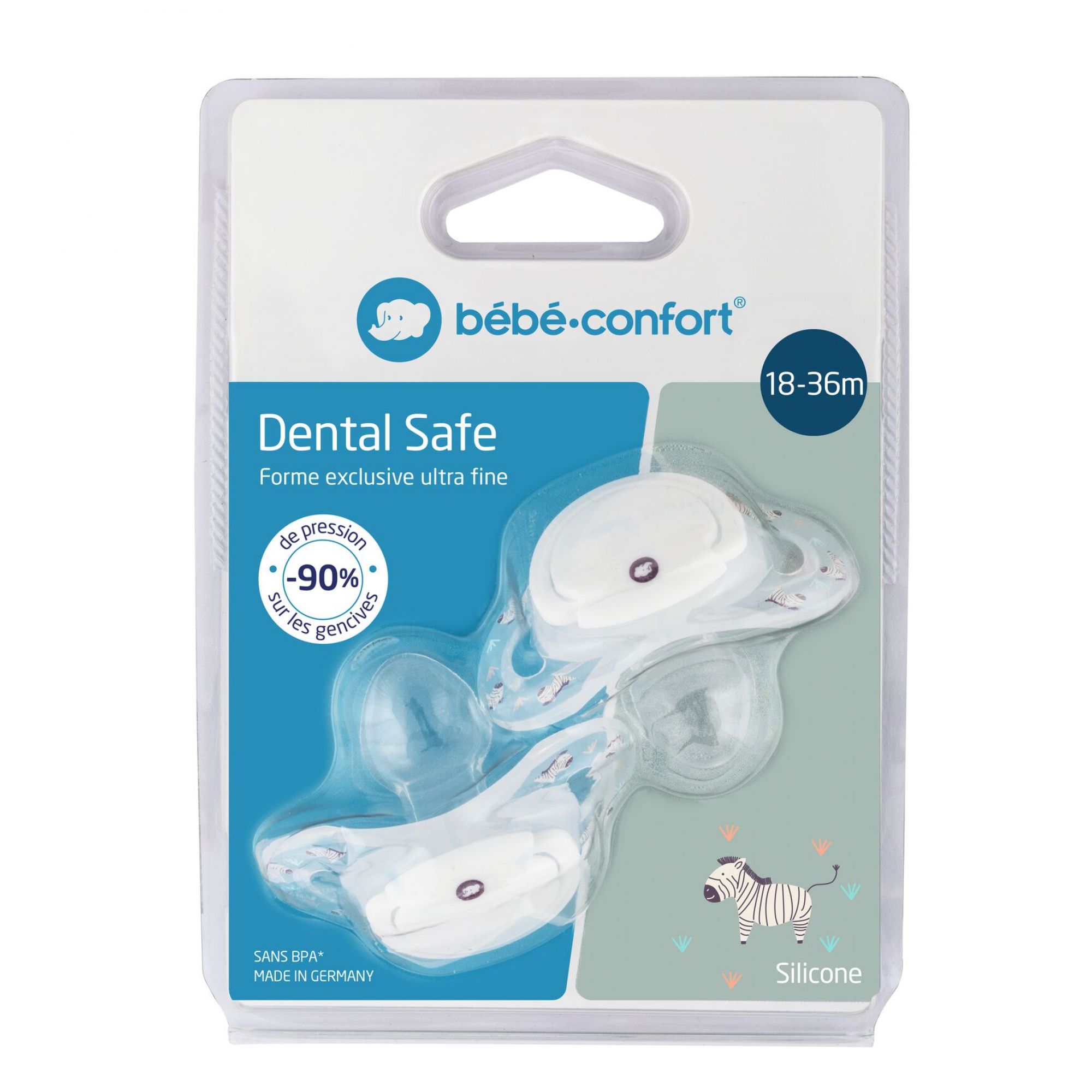 Bebe Confort Lot De 2 Sucettes Dental Safe En Silicone 18 36 Mois Blanc Savannah Made In Bebe