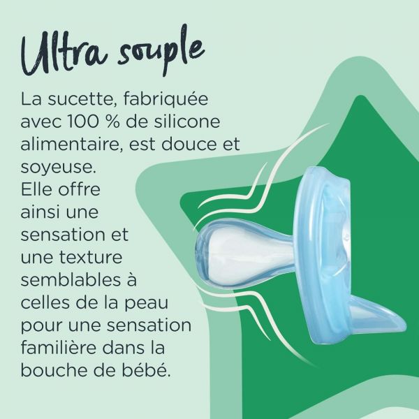 Lot de 2 sucettes en silicone ultra légère 0-6 mois