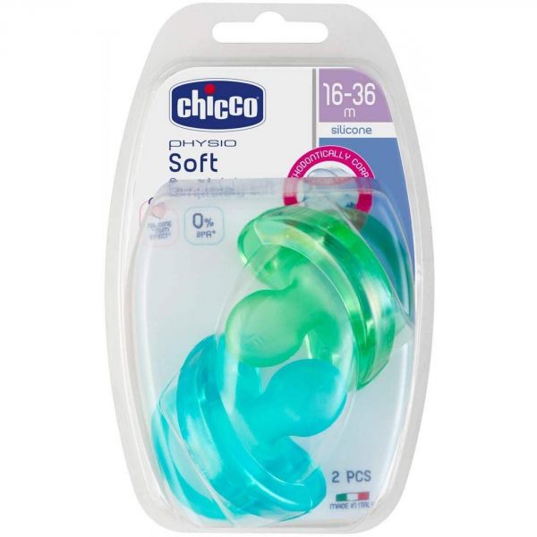 Lot de 2 sucettes Physio Soft en silicone 16-36m Bleu et vert