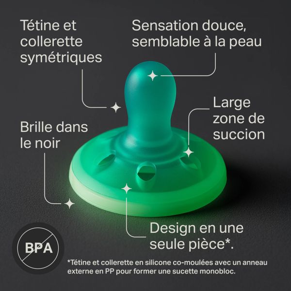 Lot de 4 sucettes silicone bébé 0-6 mois phosphorescentes