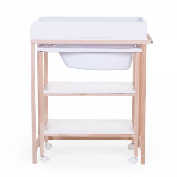 Table à langer avec baignoire et roues blanc et bois