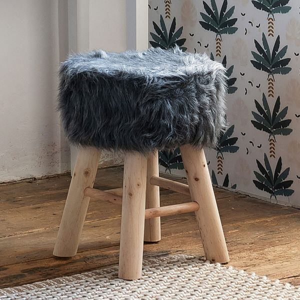 Tabouret enfant Oslo effet fourrure gris