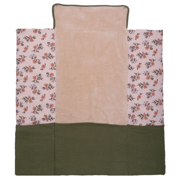 Tapis à langer pliable avec poches en gaze de coton fleurs / vert fougère