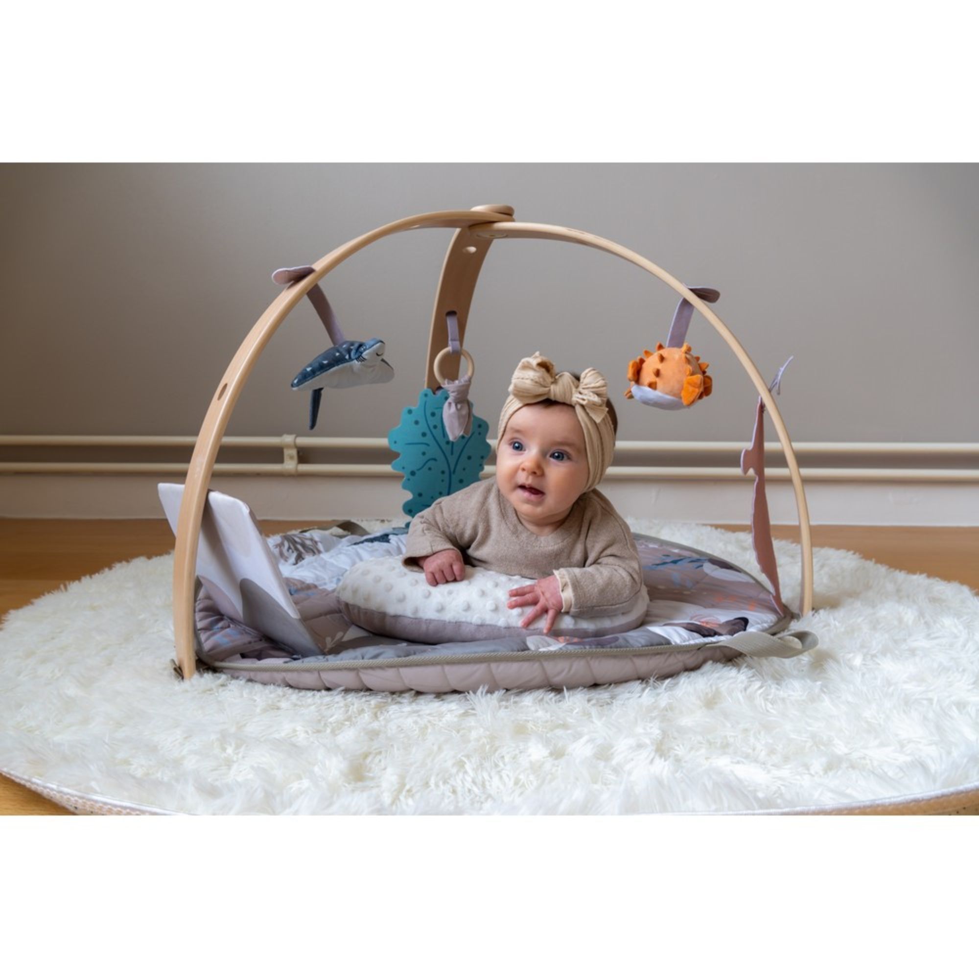 Ludi Tapis D'Éveil Évolutif En Bois - Arches Amovibles, 5 Activités Sensoriels Détachables, Coussin Ventral - Stimule Les Sens De Bébé Dès La Naissance