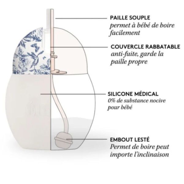 Tasse à paille lestée 240 ml - Tartine et Chocolat Toile de Jouy Bleu 9m+