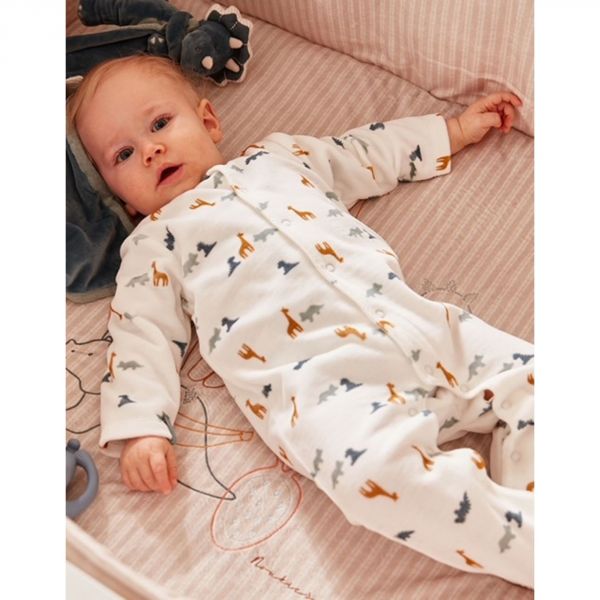 Pyjama bébé de naissance en velours blanc motifs dinosaure, girafe et tricératops