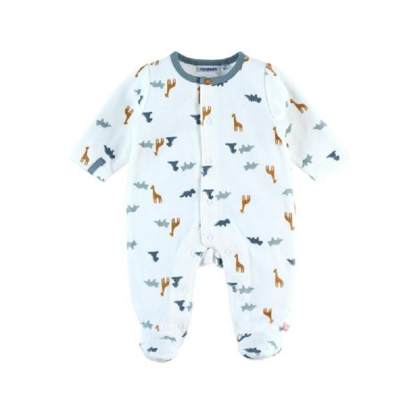 Pyjama bébé en velours blanc motifs dinosaure, girafe et tricératops 1 mois